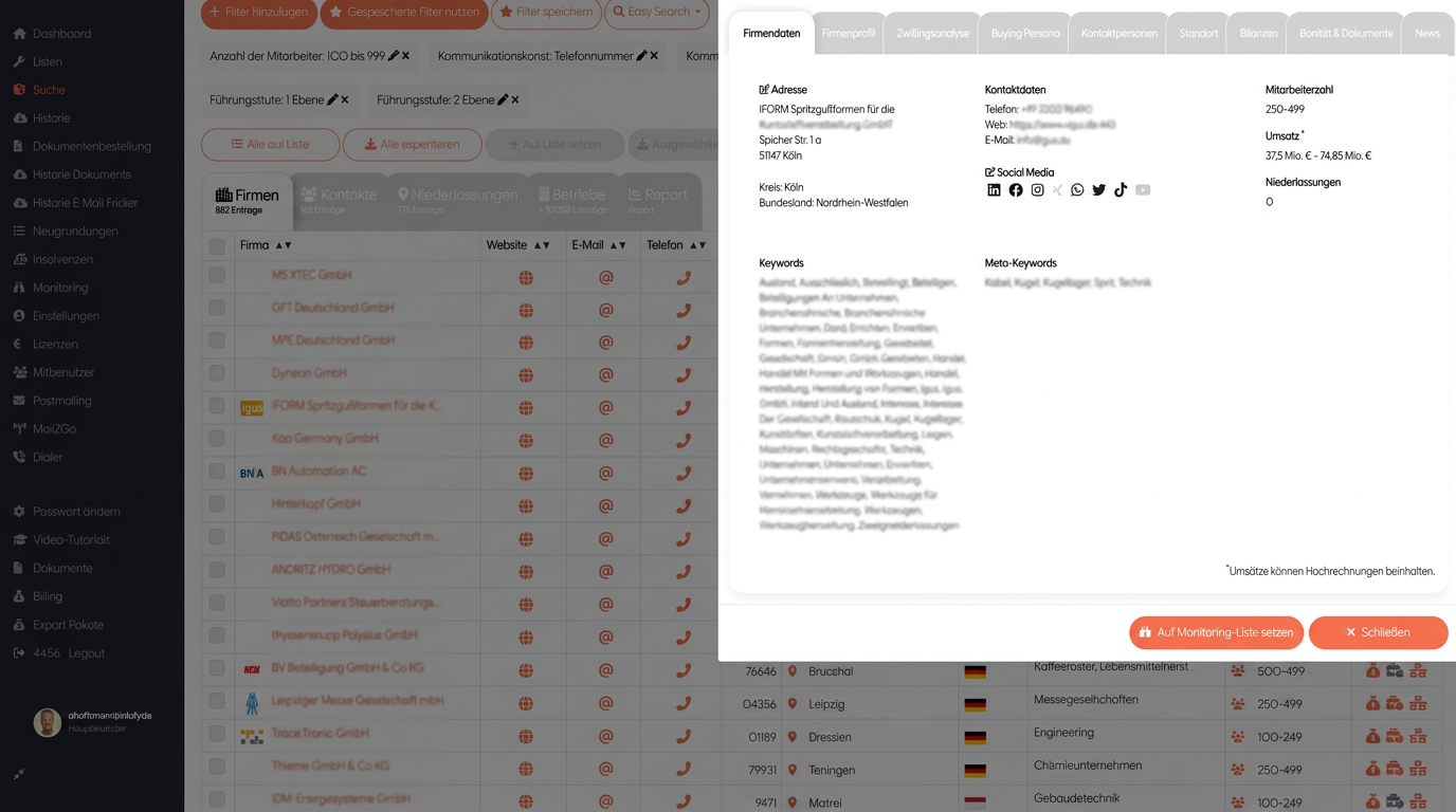 Screenshot einer Firmen-Detailansicht mit Tabs für Firmendaten, Bilanzen, Kontaktpersonen